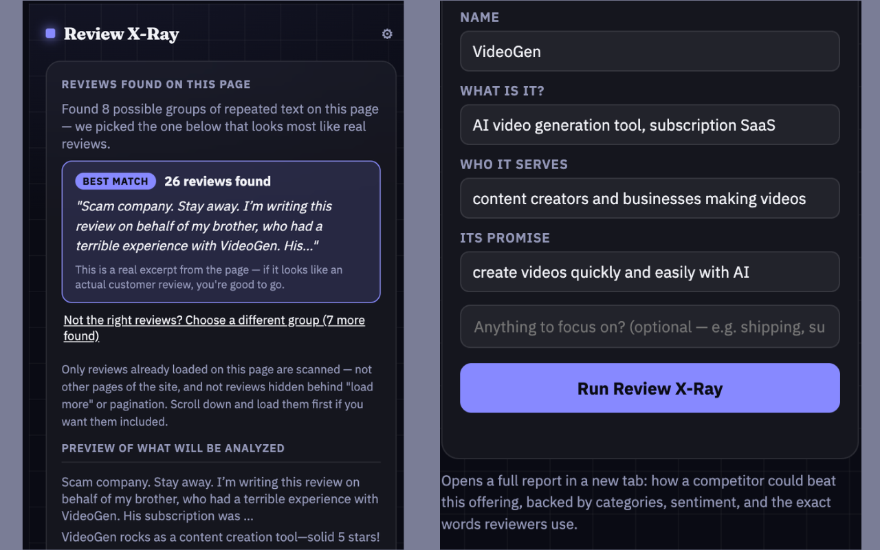 Review X-Ray popup showing detected reviews and auto-identified product details