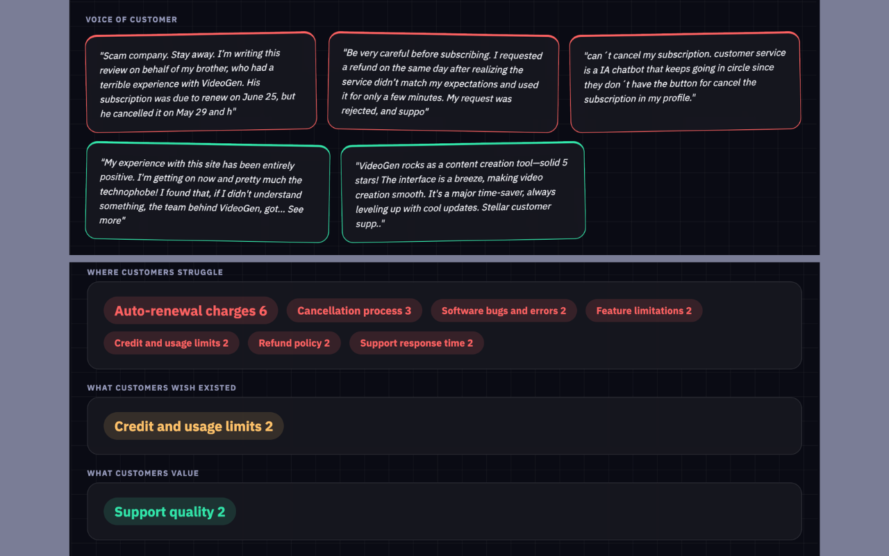 Real customer quotes and tagged keyword chips